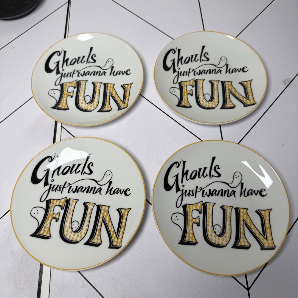 222 Fifth Ghouls Appetizer Plates Set of 4 White Halloween Modern Ghost Decor